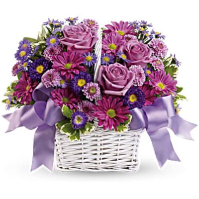 <div class="m-pdp-tabs-description">
<div id="mark-1" class="m-pdp-tabs-marketing-description">Get a handle on spring with this delightful array of floral favorites in a charming white bamboo basket accented with lavender ribbon. Surprise someone who could use a lift. It will make you both happy.</div>
</div>
 
<ul>
 	<li>The cheerful bouquet includes lavender daisy spray chrysanthemums, dark purple asters, lavender cushion spray chrysanthemums and purple asters accented with fresh greenery.</li>
 	<li>The flowers are delivered in a white bamboo basket accented with a lavender gingham ribbon.</li>
</ul>
 