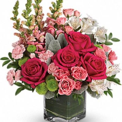 <div class="m-pdp-tabs-description">
<div id="mark-3" class="m-pdp-tabs-marketing-description">Fun and feminine, this hot pink bouquet is reminiscent of a spring garden party with friends! Stunning roses, delicate alstroemeria and dramatic snapdragons are hand-delivered in a classic cube vase lined with a green leaf - a surprise gift that'll touch her heart, no matter the occasion.</div>
</div>
<p id="arrngDescp">Hot pink roses, pink spray roses, white alstroemeria, pink miniature carnations, green button spray chrysanthemums and pink snapdragons are arranged with dusty miller, huckleberry and variegated aspidistra leaf. Delivered in a clear cube vase.</p>