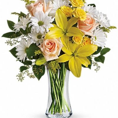 <div class="m-pdp-tabs-description">
<div id="mark-1" class="m-pdp-tabs-marketing-description">

The song says, "The sun'll come out tomorrow," but why not today? Whatever the weather, this sunny bouquet of yellow, peach and white flowers will brighten any day instantly. Perfect for a birthday, thank you or just because.

</div>
</div>
This sunny bouquet includes peach roses, yellow spray roses, yellow asiatic lilies, white daisy spray chrysanthemums and solidago accented with assorted greenery. Delivered in a glass gathering vase.