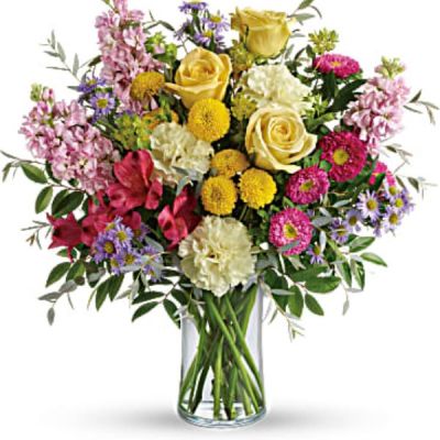 <div id="mark-2" class="m-pdp-tabs-marketing-description">Spread goodness and light far and wide with this joyful gift of pink, yellow and lavender blooms! Full of tantalizing texture and uplifting colors, it's sure to bring a smile to anyone's face.</div>
<div id="desc-2">
<ul>
 	<li>This beautiful bouquet includes yellow roses, red alstroemeria, light yellow carnations, pink stock, hot pink matsumoto asters, large lavender monte cassino asters, yellow button spray chrysanthemums, bupleurum, huckleberry, and parvifolia eucalyptus.</li>
 	<li>This beautiful bouquet includes yellow and pink roses, red alstroemeria, light yellow carnations, pink stock, hot pink matsumoto asters, large lavender monte cassino asters, yellow button spray chrysanthemums, bupleurum, huckleberry, and parvifolia eucalyptus.</li>
 	<li>Delivered in a clear cylinder vase.</li>
</ul>
</div>