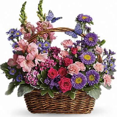 <div class="m-pdp-tabs-description">
<div id="mark-1" class="m-pdp-tabs-marketing-description">Talk about a bountiful basket! This wicker basket is overflowing with beauty and blossoms. It's no wonder two pretty butterflies have made this basket their home.</div>
</div>
<p id="arrngDescp">Hot pink spray roses, light pink alstroemeria, snapdragons and miniature carnations, dark pink Sweet William, purple matsumoto asters, large monte cassino asters, statice and pittosporum fill a pretty picnic-like basket. You've got this gift handled!</p>