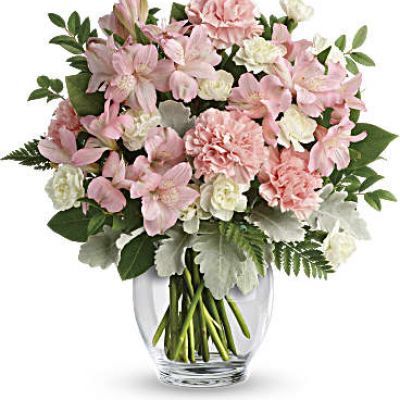 In the prettiest shade of whisper-soft pink, this breathtaking bouquet proclaims your affection in a most powerful way!
This delicate arrangement includes pink alstroemeria, pink carnations, white miniature carnations, dusty miller, huckleberry, leatherleaf fern, and lemon leaf.