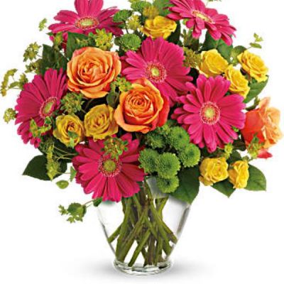 <div id="mark-3" class="m-pdp-tabs-marketing-description">Encourage a young woman or beloved friend to follow her rainbow with this bright, vivacious bouquet. Featuring hot pink gerbera daisies and orange roses, the youthful arrangement pops with summery fun!</div>
<div id="desc-3">
<ul>
 	<li>Hot pink gerbera, bi-color orange roses, orange spray roses, green button mums and bupleurum are presented in a clear glass vase.</li>
</ul>
</div>
