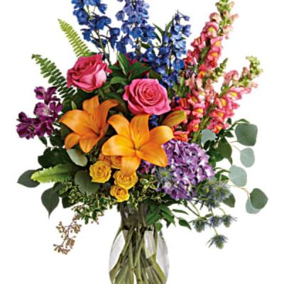 <div class="m-pdp-tabs-description">
<div id="mark-1" class="m-pdp-tabs-marketing-description">Color any occasion beautiful with this lovely bouquet of hydrangea, roses and lilies in all the colors of the rainbow.</div>
</div>
<p id="arrngDescp">This colorful bouquet includes purple hydrangea, pink roses, yellow spray roses, orange asiatic lilies, purple alstroemeria, blue delphinium, pink snapdragons, blue eryngium, huckleberry, oregonia, Israeli ruscus, sword fern, silver dollar eucalyptus, seeded eucalyptus, and lemon leaf. Delivered in a jordan vase.</p>