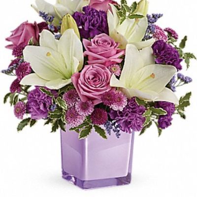 <div class="m-pdp-tabs-description">
<div id="mark-3" class="m-pdp-tabs-marketing-description">These luxurious lavender roses and crisp white lilies are poised to please! Perfectly presented in a stylish cube vase, it's an any-occasion surprise they'll never forget!</div>
</div>
<p id="arrngDescp">Lavender roses, white asiatic lilies, purple carnations, lavender carnations, purple button spray chrysanthemums and lavender button spray chrysanthemums are arranged with lavender limonium and pitta negra. Delivered in a glass cube.</p>