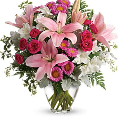 <div id="mark-2" class="m-pdp-tabs-marketing-description">Sure to make them blush! Spoil them on a special day, or just because, with this luxurious lily arrangement in gorgeous shades of blush pink.</div>
<div id="desc-2">
<ul>
 	<li>This pretty bouquet features hot pink spray roses, pink asiatic lilies, white alstroemeria, pink matsumoto asters, seeded eucalyptus, leatherleaf fern, dusty miller, and pitta negra.</li>
 	<li>Delivered in a Serenity Vase.</li>
</ul>
</div>